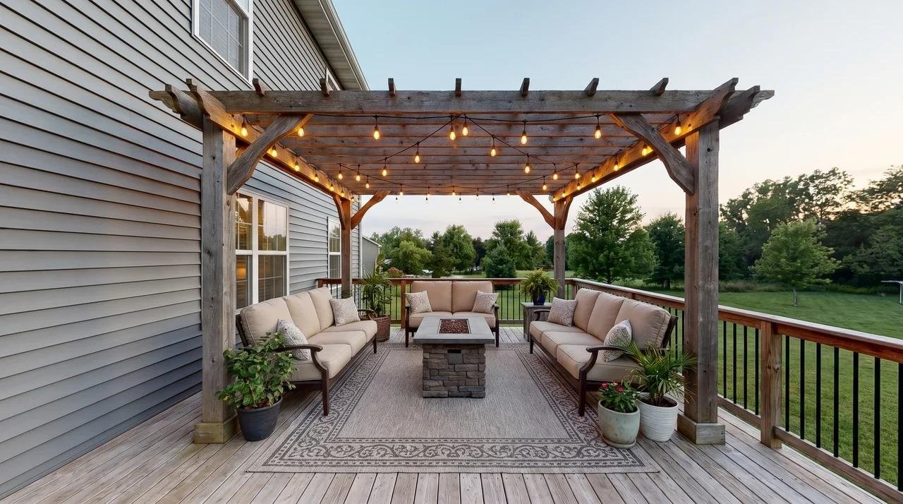 Wood pergola with string lights over a raised deck beside a gray house