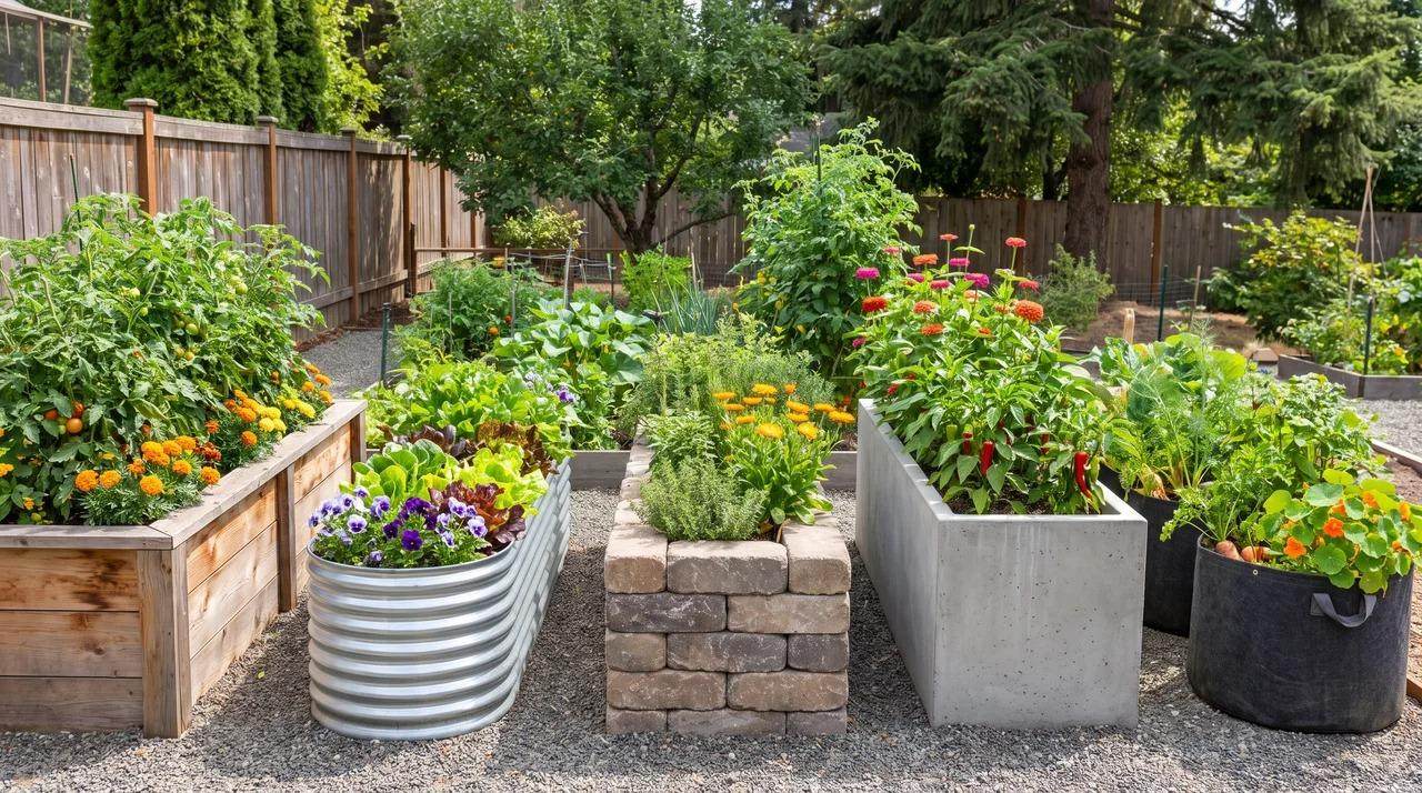 Raised garden beds made from wood, steel, stone, concrete, and fabric with plants