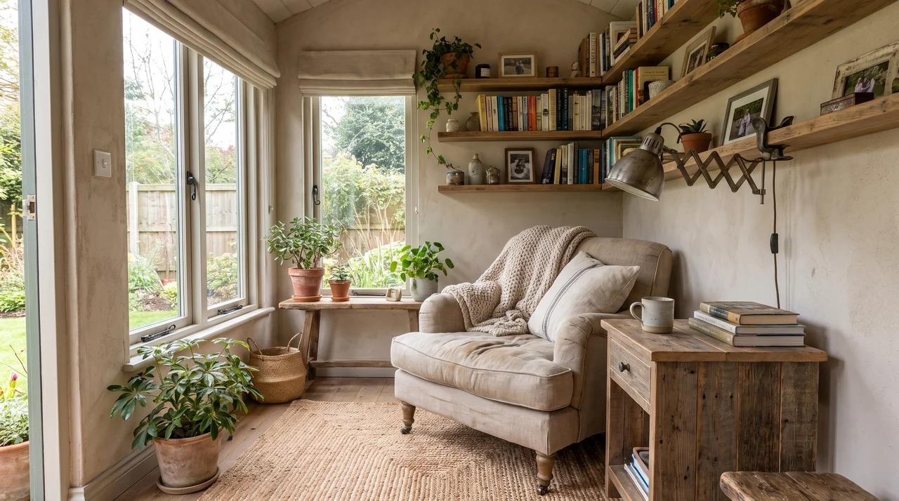 Small she shed reading nook with chair, side table, lamp, and shelves