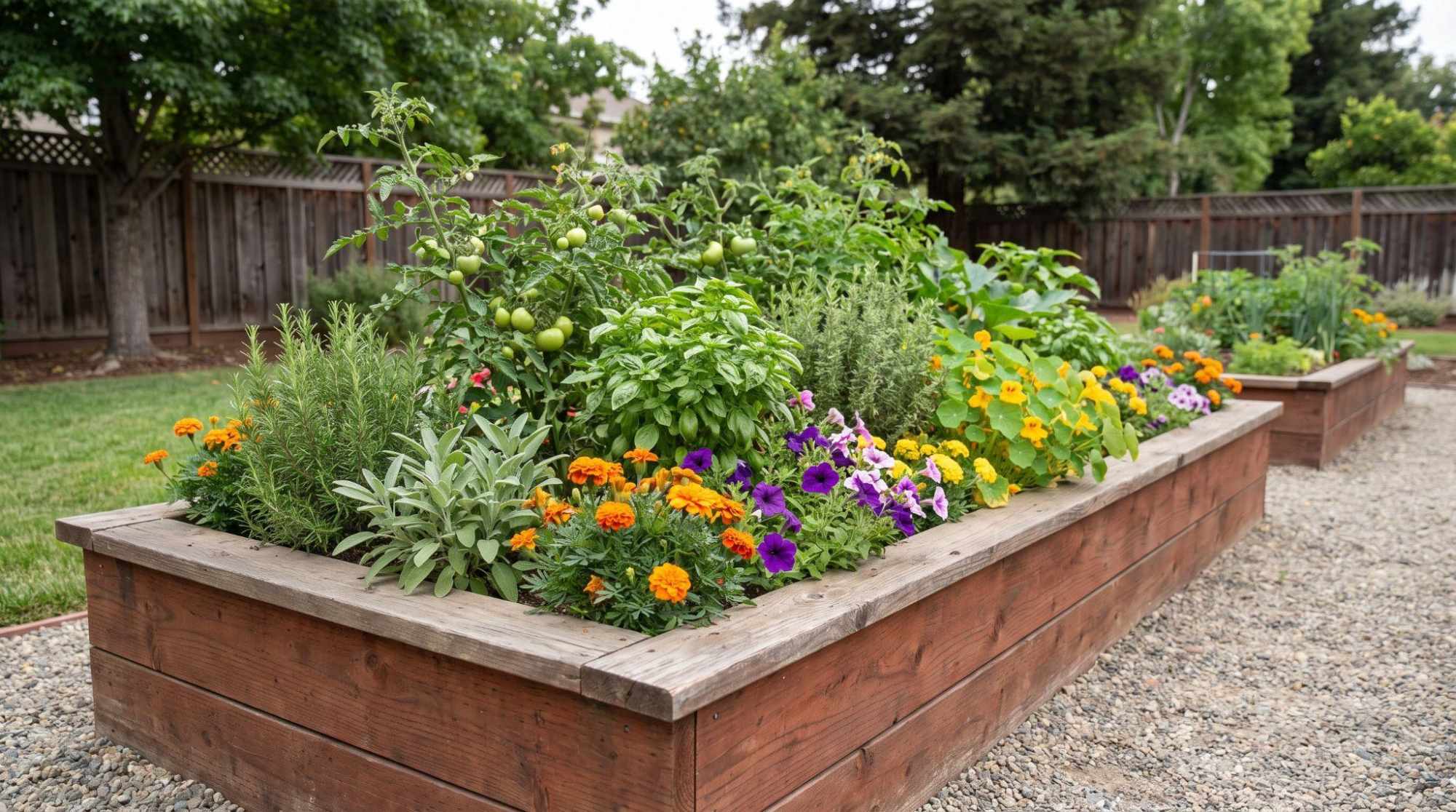 Redwood raised garden bed filled with vegetables, herbs, and colorful flowers