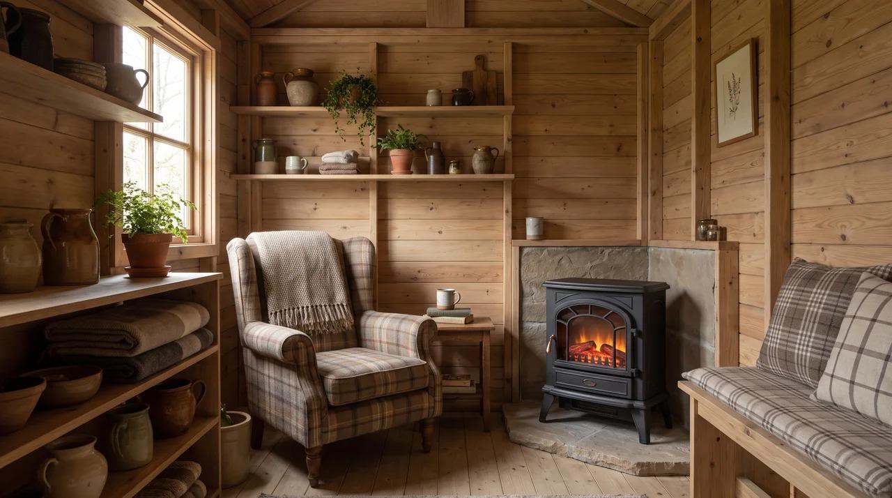 Rustic she shed with wood paneling, plaid textiles, and simple furniture