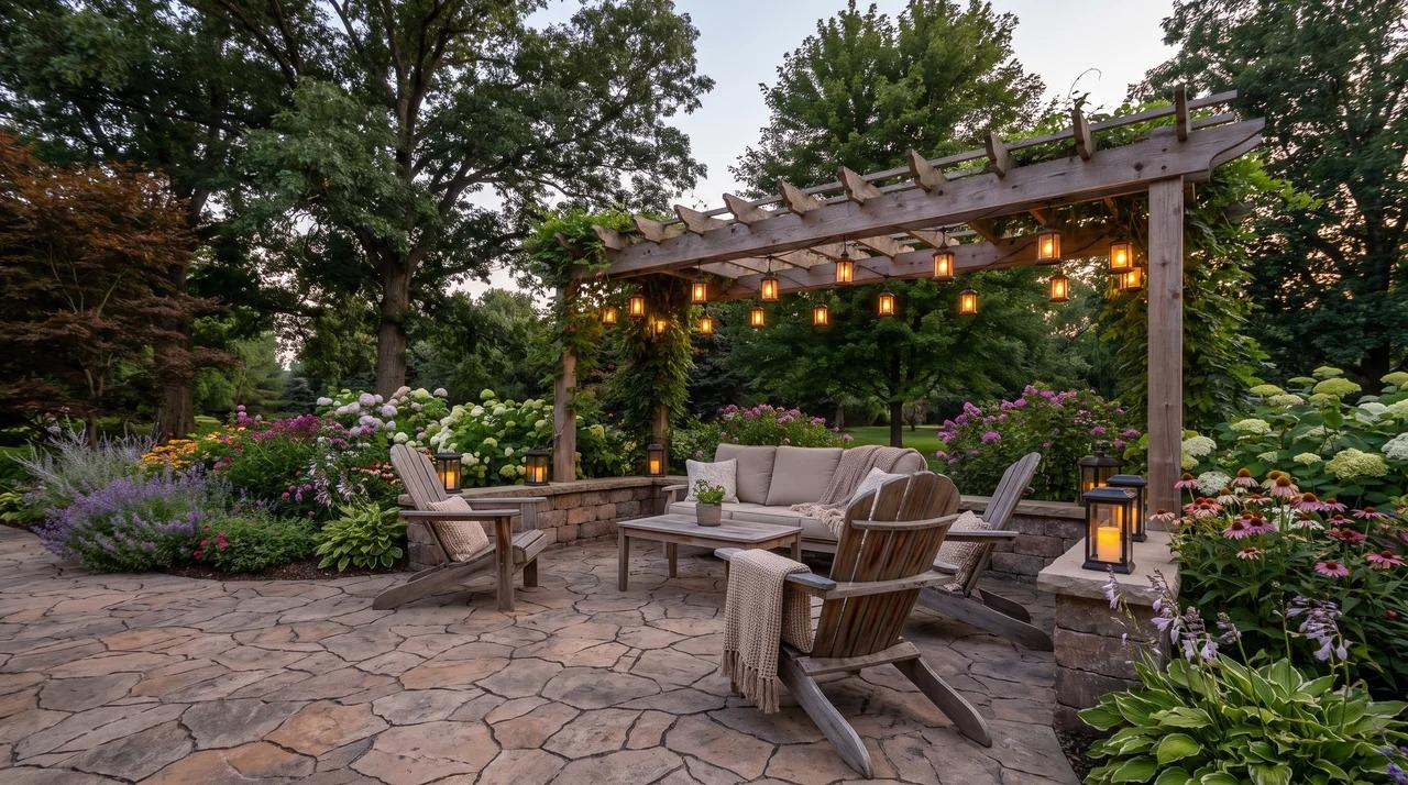 Stone-look stamped concrete patio with cedar pergola, seating, lanterns, and flower beds
