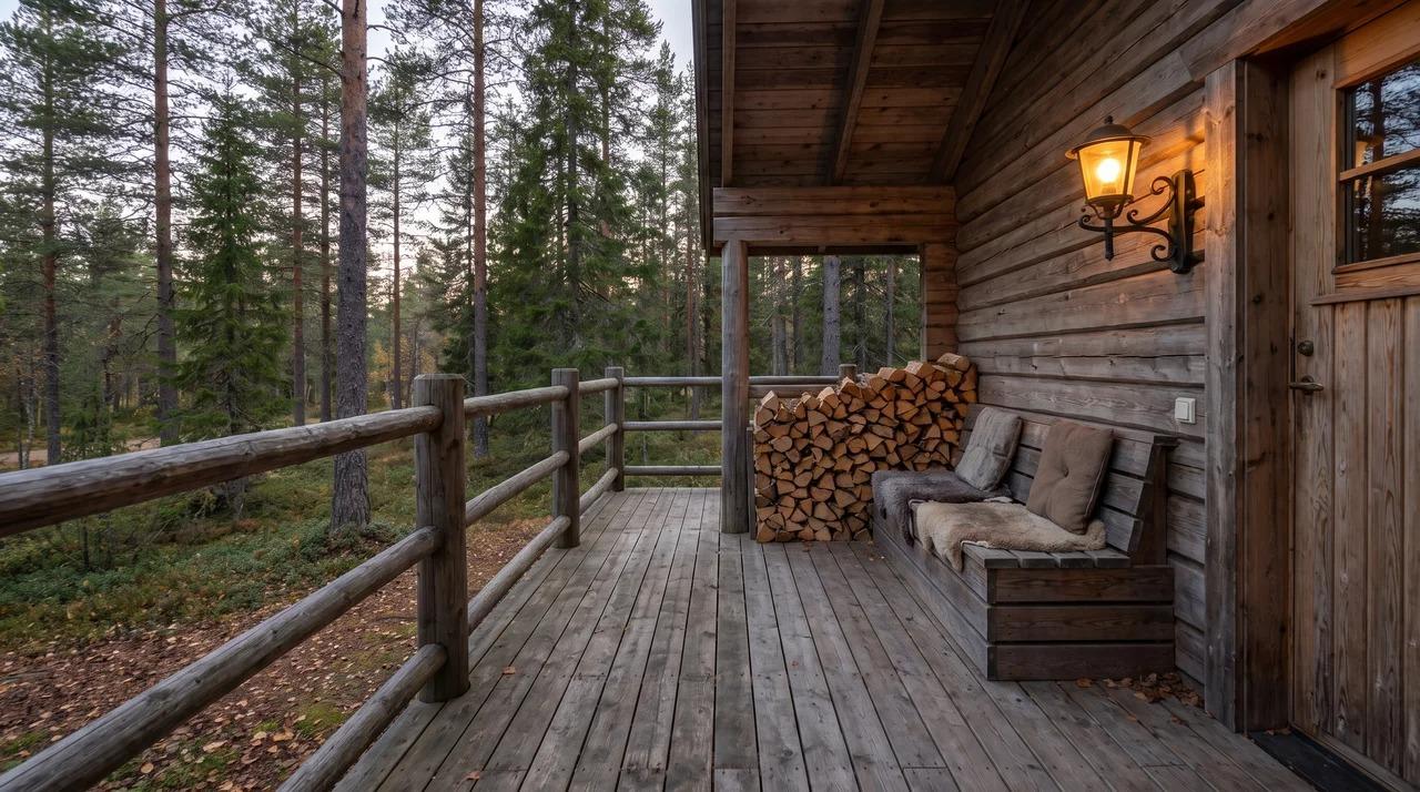 Rustic timber deck with wooden railings, bench, firewood, and wall lamp