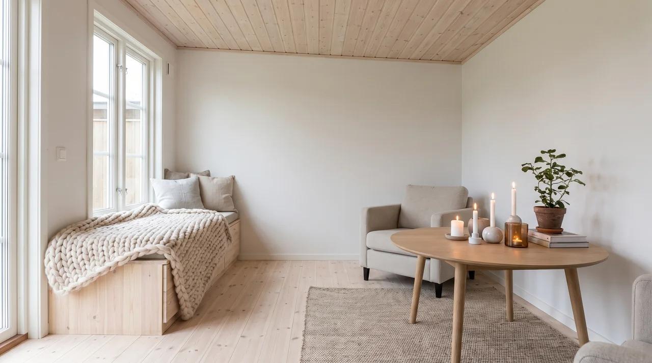 Scandinavian she shed with light wood, white walls, simple furniture, and blanket