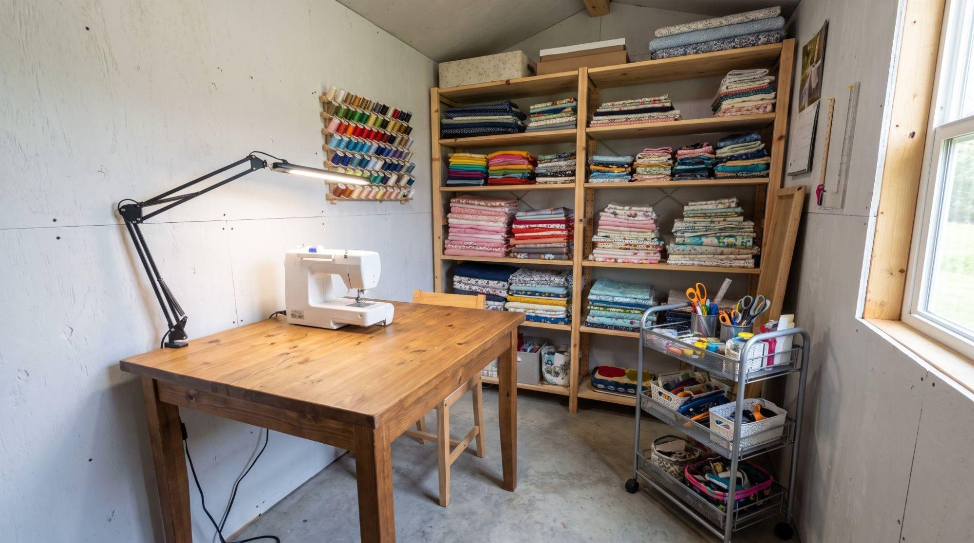 Small she shed sewing room with sewing machine, lamp, fabric, and rolling cart