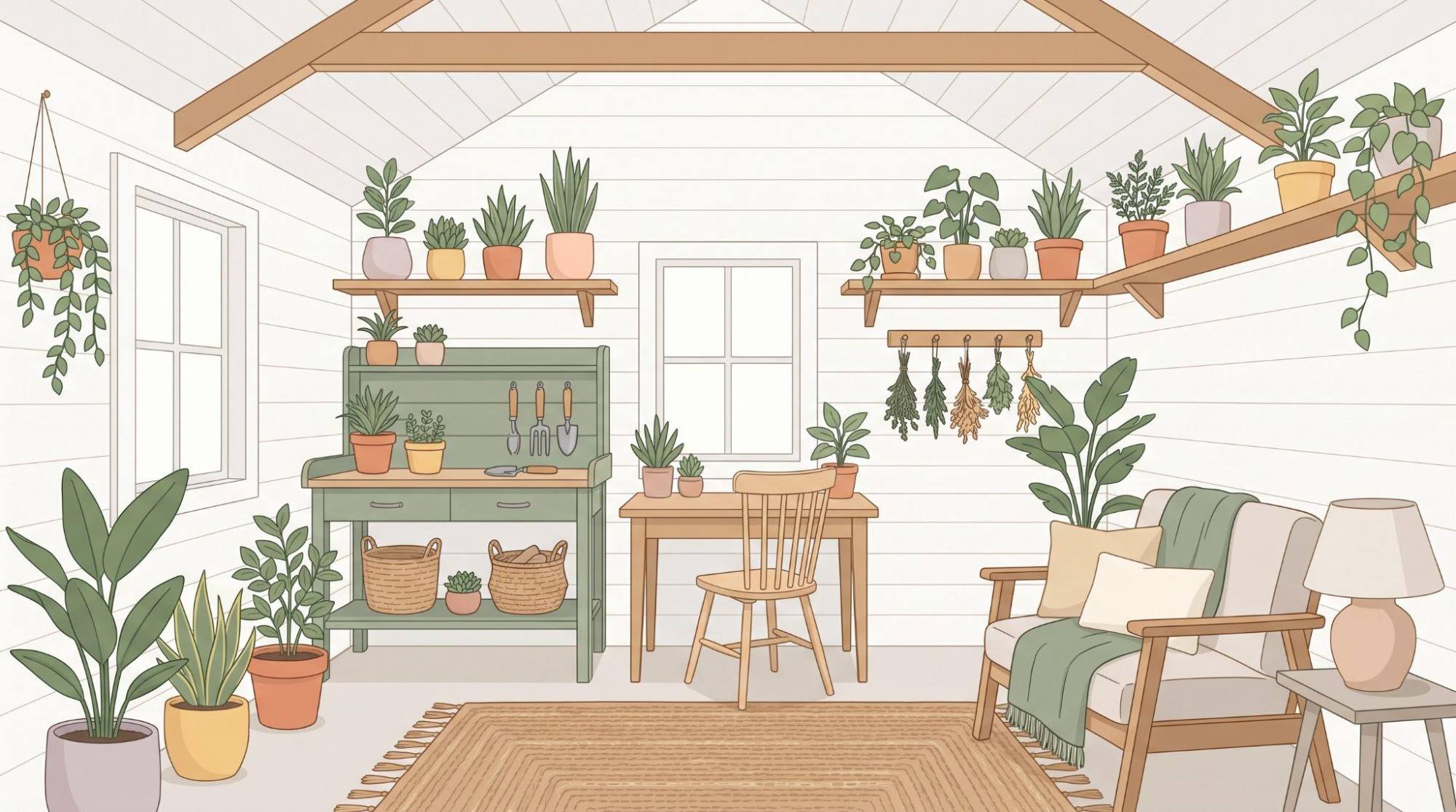 Small she shed interiors using white, natural wood, sage green, pastels, and warm neutral tones