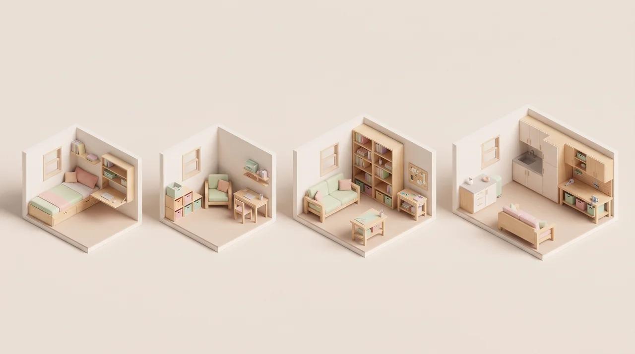Small she shed layouts with compact furniture and storage for different shed sizes