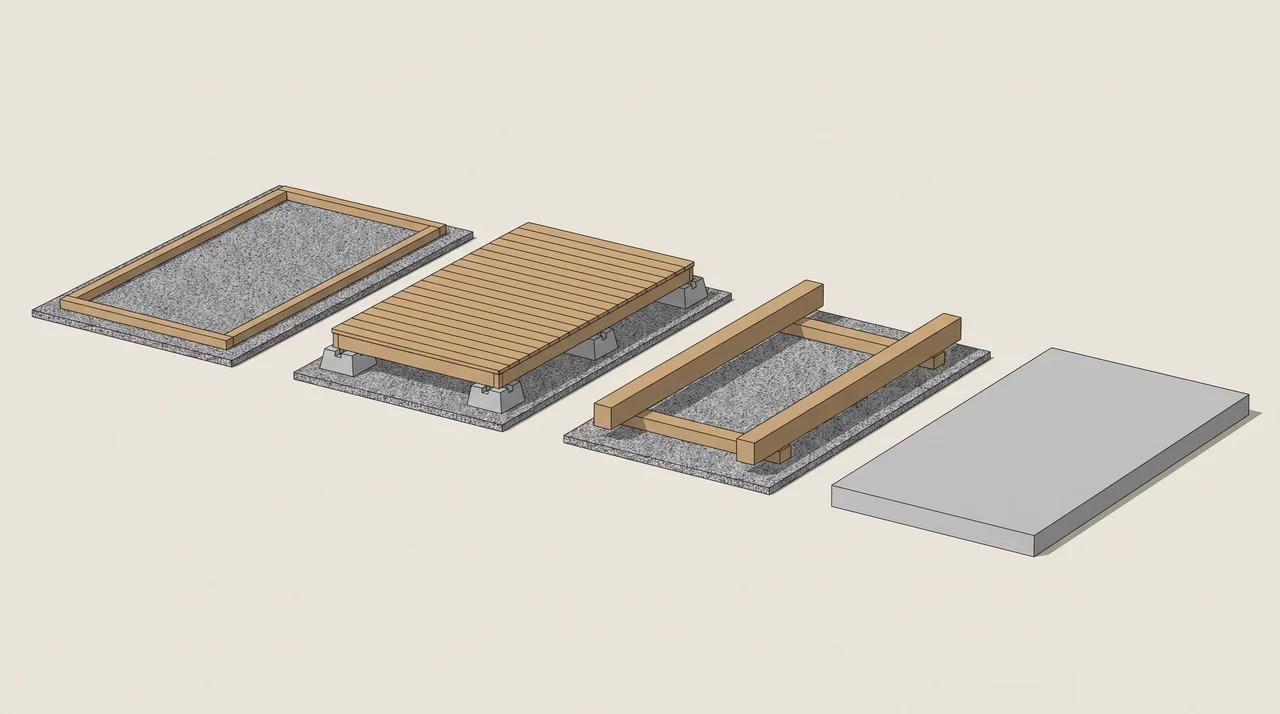 Shed structures supported by gravel, deck blocks, skid foundation, and concrete slab