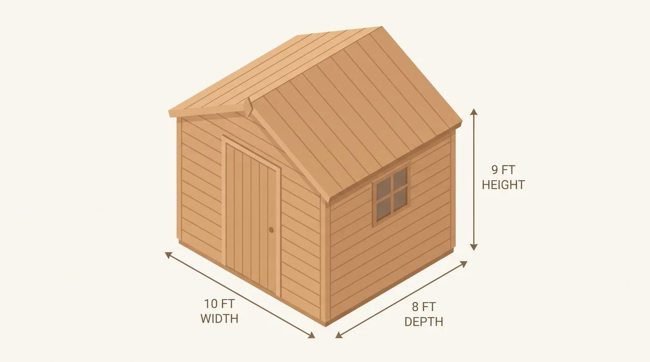 Wooden shed showing width, depth, and height measurements