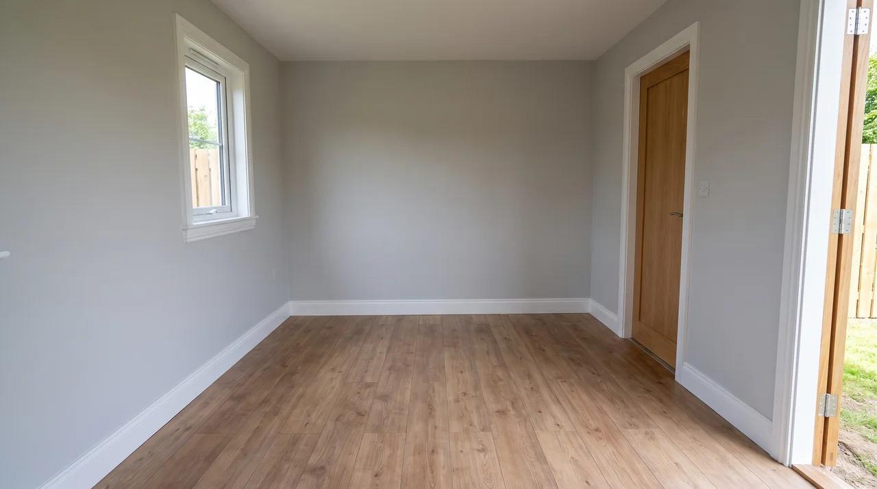 Shed interior with finished floor, baseboards, and window and door trim