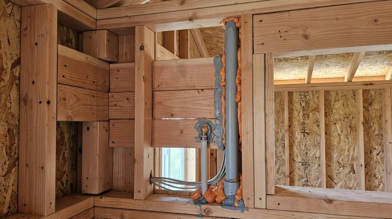 Shed wall framing with blocking and sealed gaps around penetrations