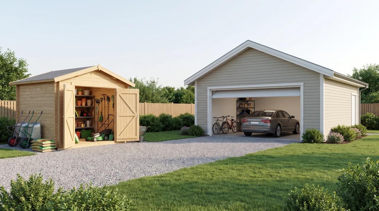 Small storage shed and larger garage on a residential property