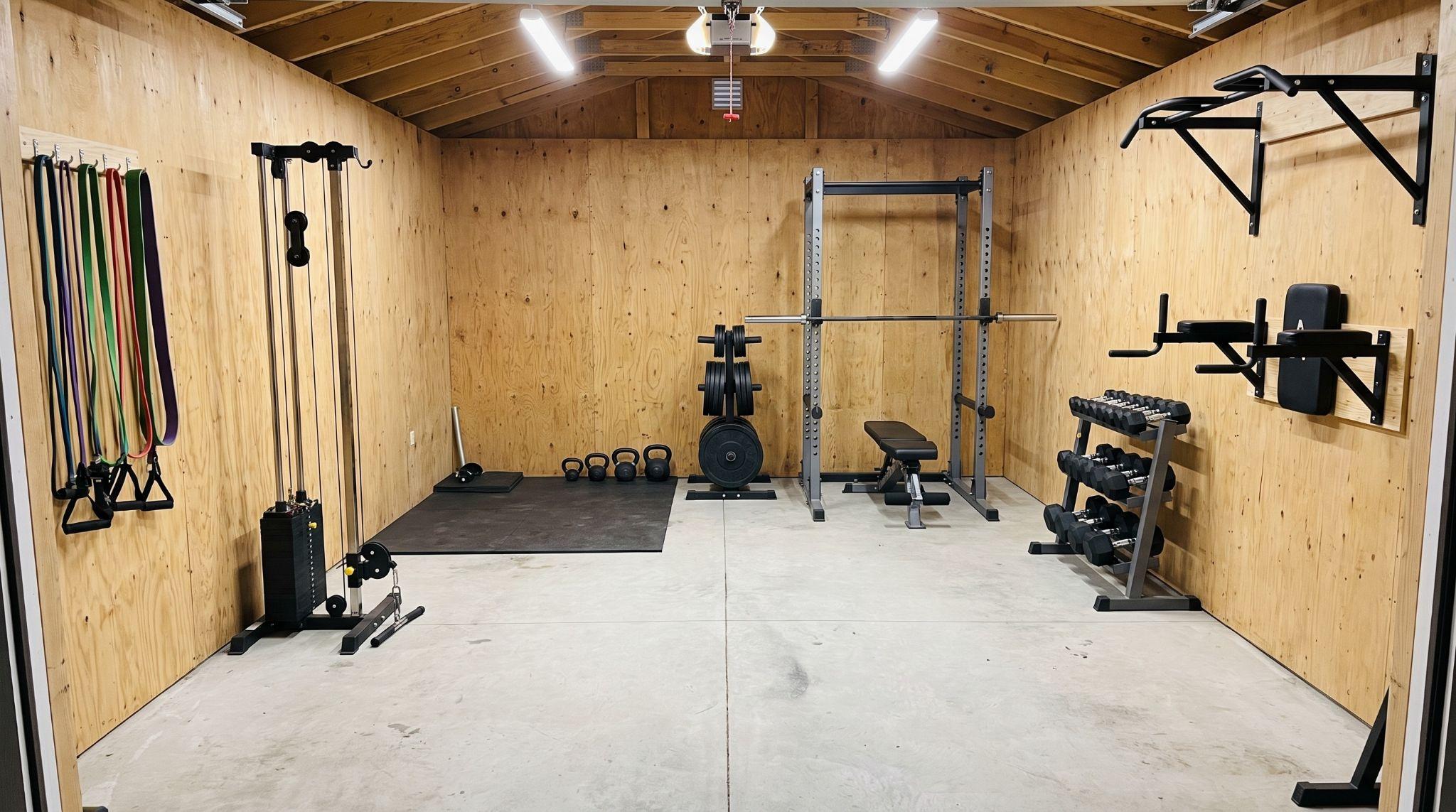 Shed gym with exercise rack, weights, workout stations, and open floor space