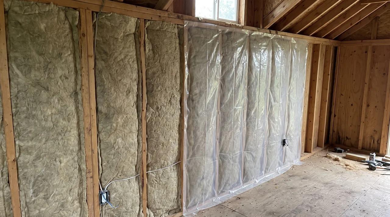 Shed wall cavities filled with insulation between the studs