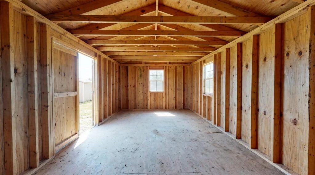 Bare shed interior with exposed studs, rafters, and unfinished floor