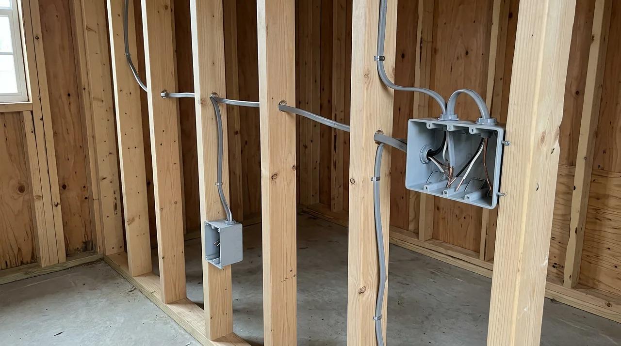Shed wall studs with electrical boxes and cable routed through framing