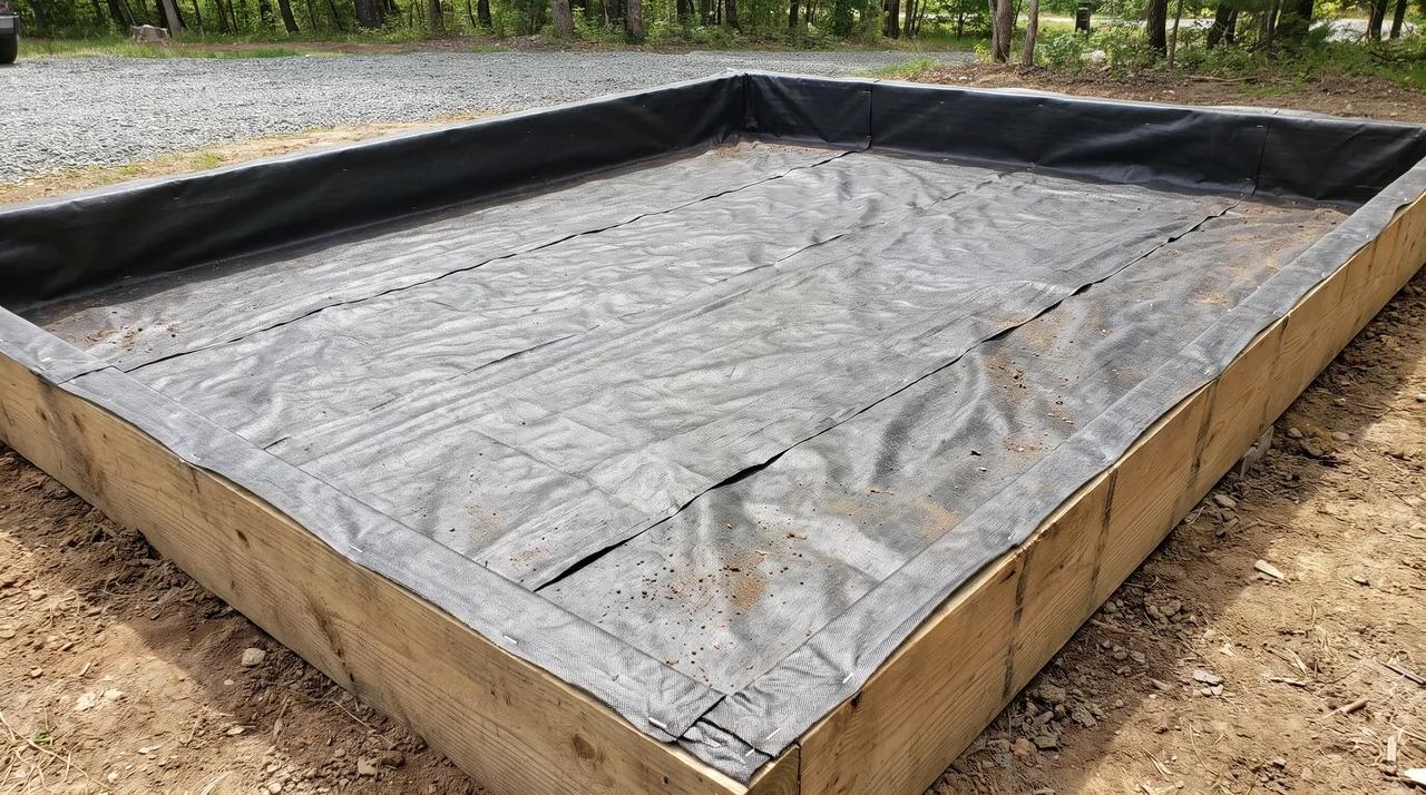 Woven landscape fabric lining a framed shed foundation