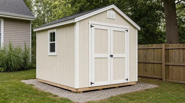 Small detached storage shed on skids over a gravel base in a backyard with a fence behind it.