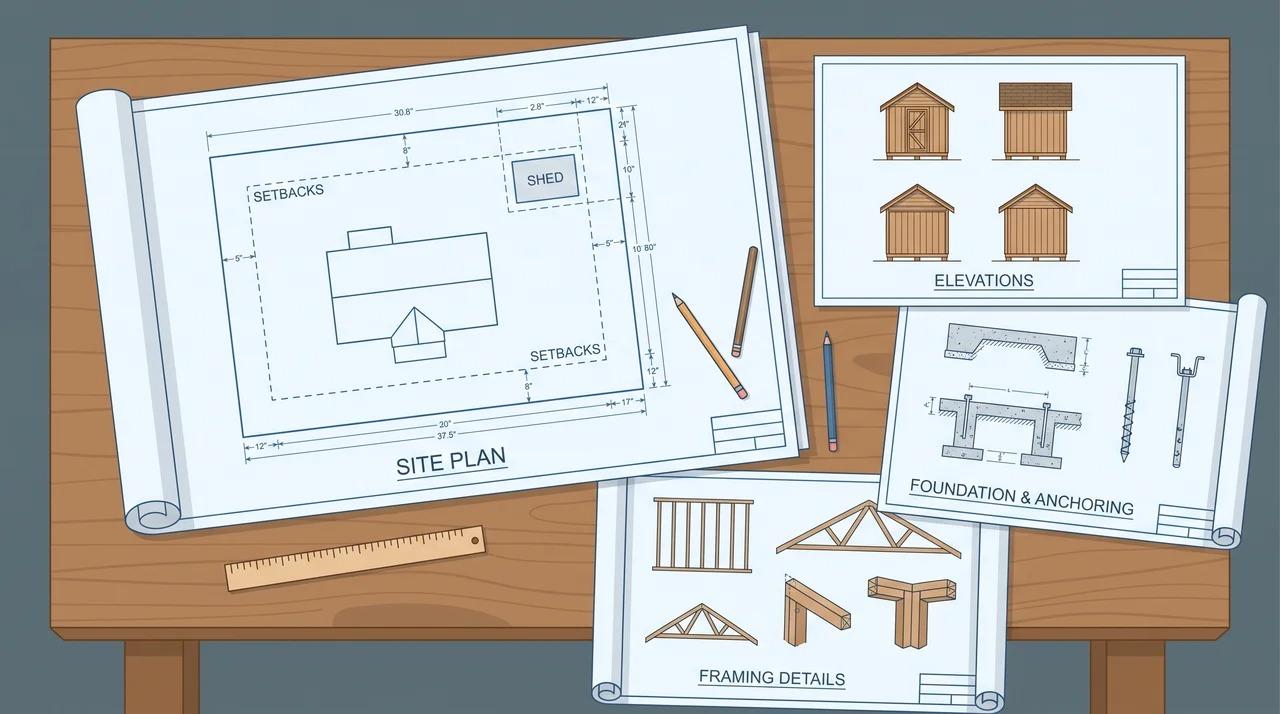 Shed permit documents with site plan, setbacks, foundation, and framing details