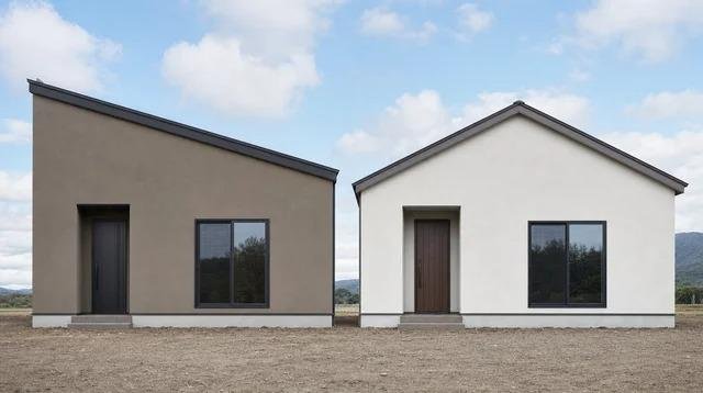 Two houses side by side, one with a single sloping shed roof and one with a peaked gable roof.