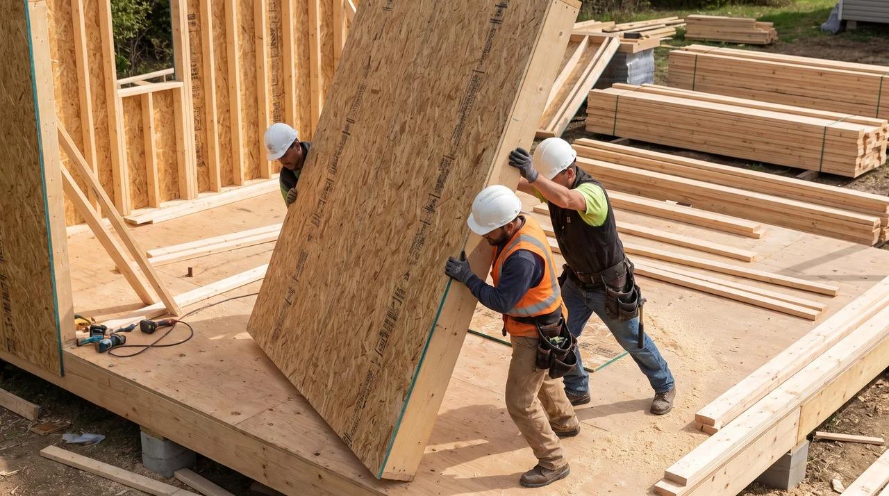 Two builders raising a sheathed timber wall section on a plywood shed floor