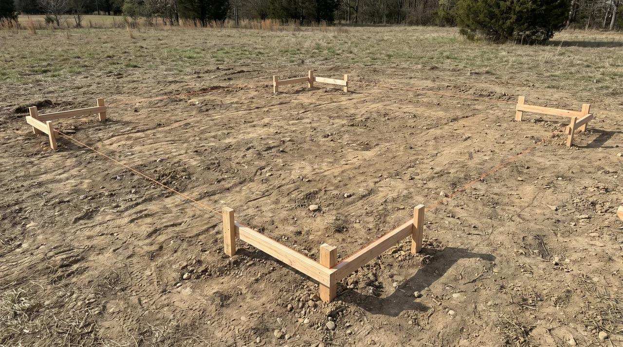 Cleared dirt site with batter boards and string lines marking a square shed footprint