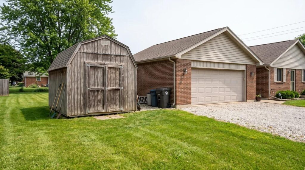 Small storage shed and larger garage on a residential property