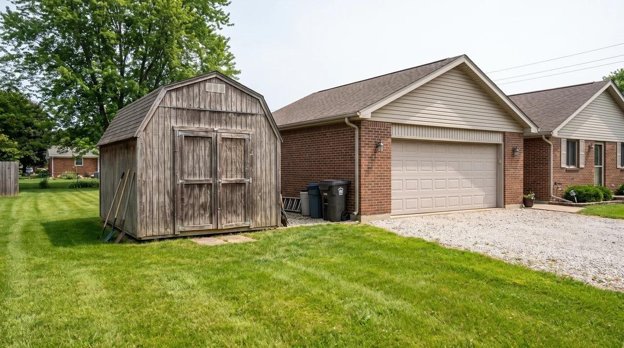 Small storage shed and larger garage on a residential property