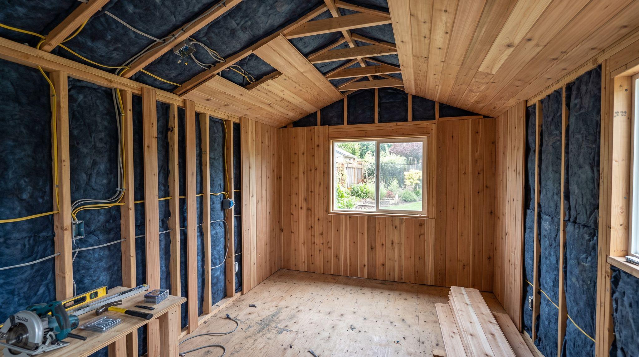 Shed interior with finished wall and ceiling panels