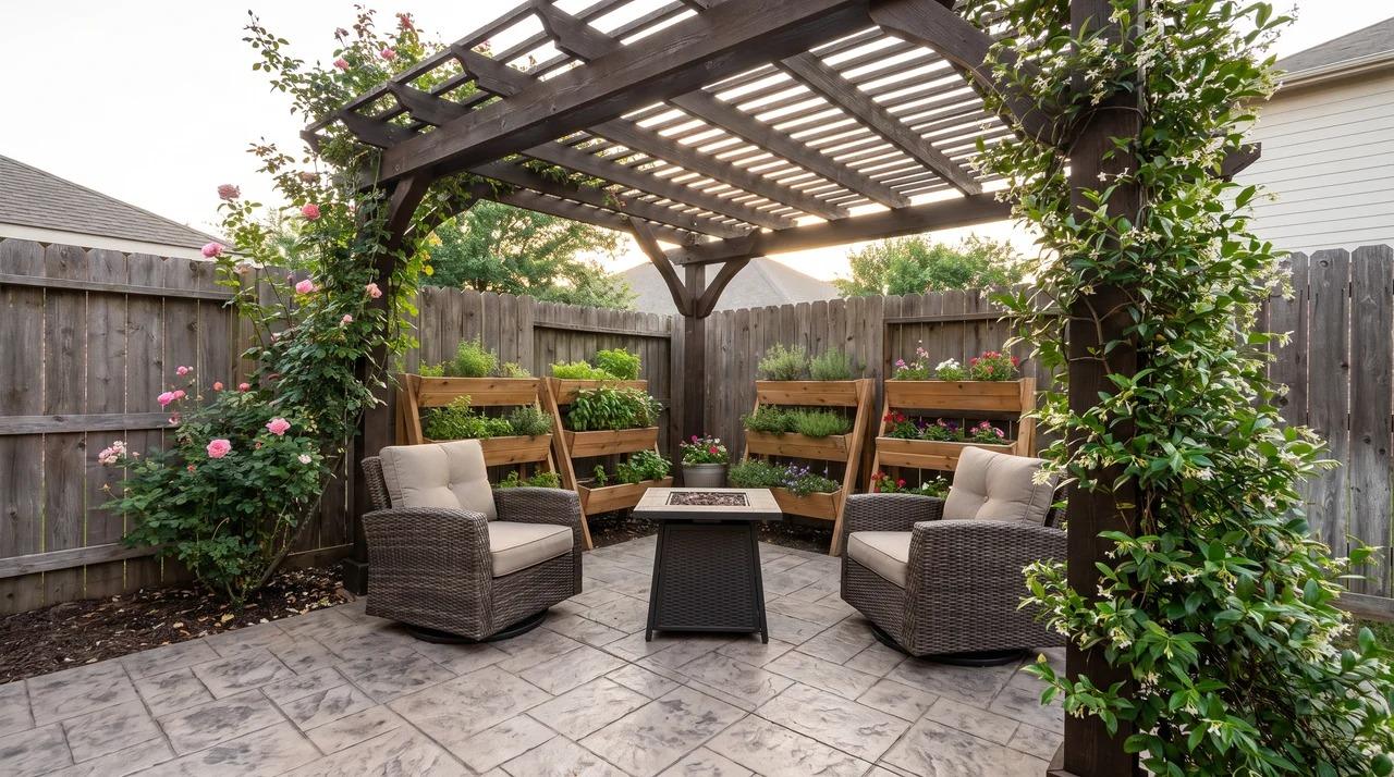 Small stamped concrete patio with compact pergola, seating, planters, and climbing plants