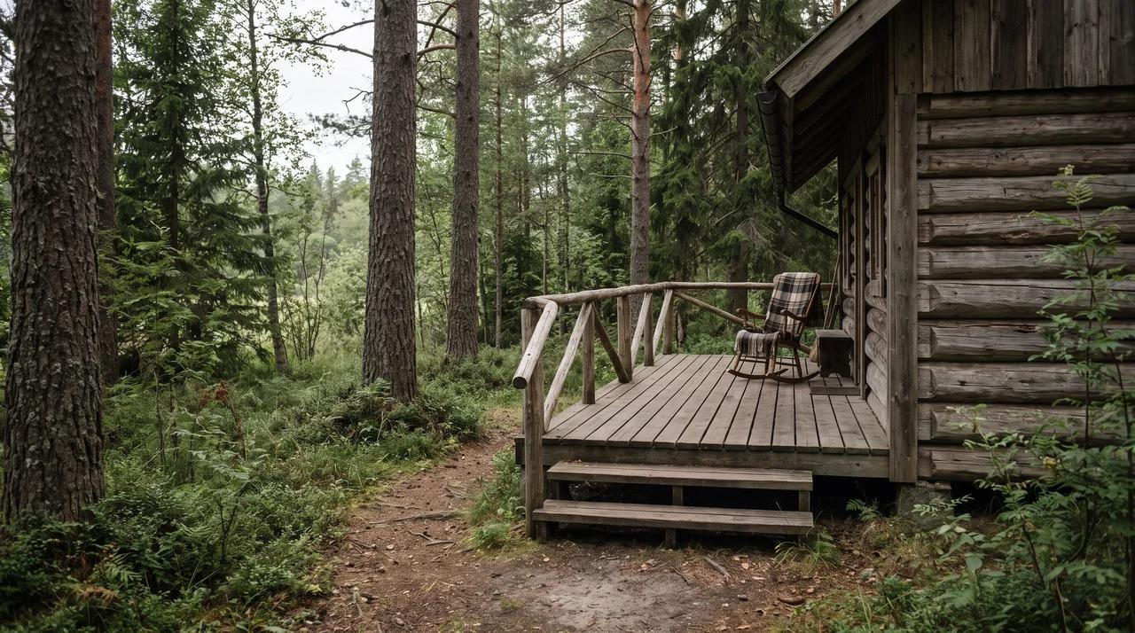 Small wooden porch with simple railing attached to a cabin in a forest