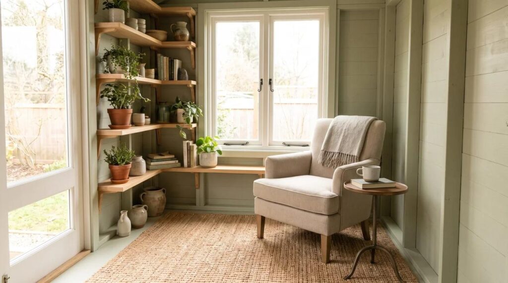 Small she shed interior with compact seating, rug, shelving, and natural light