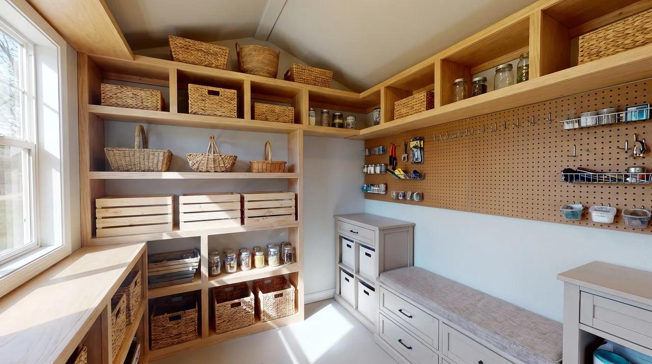 Small she shed with built-in shelving, pegboard, baskets, crates, and storage furniture