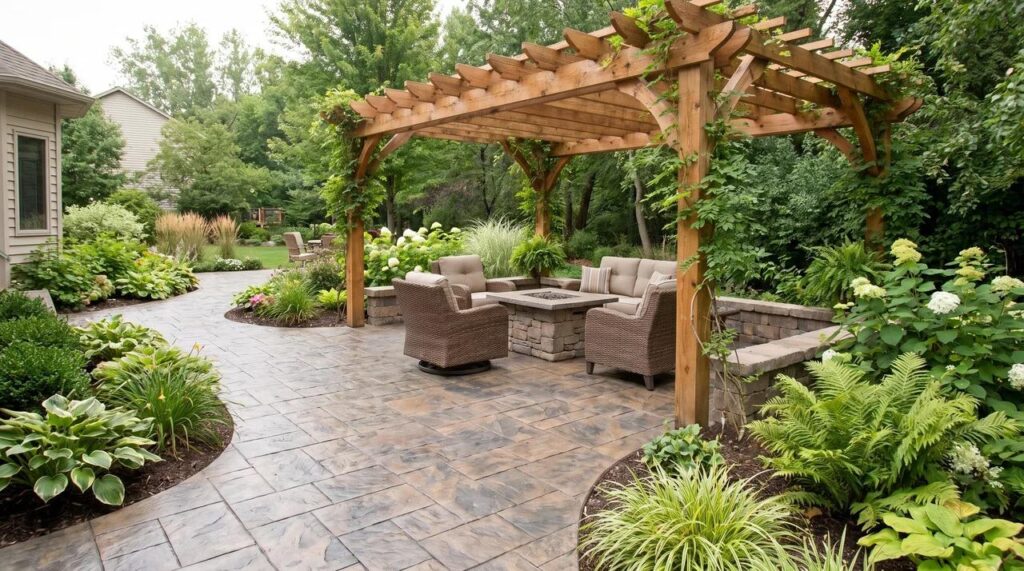 Stamped concrete patio with wooden pergola, outdoor seating, and landscaped garden