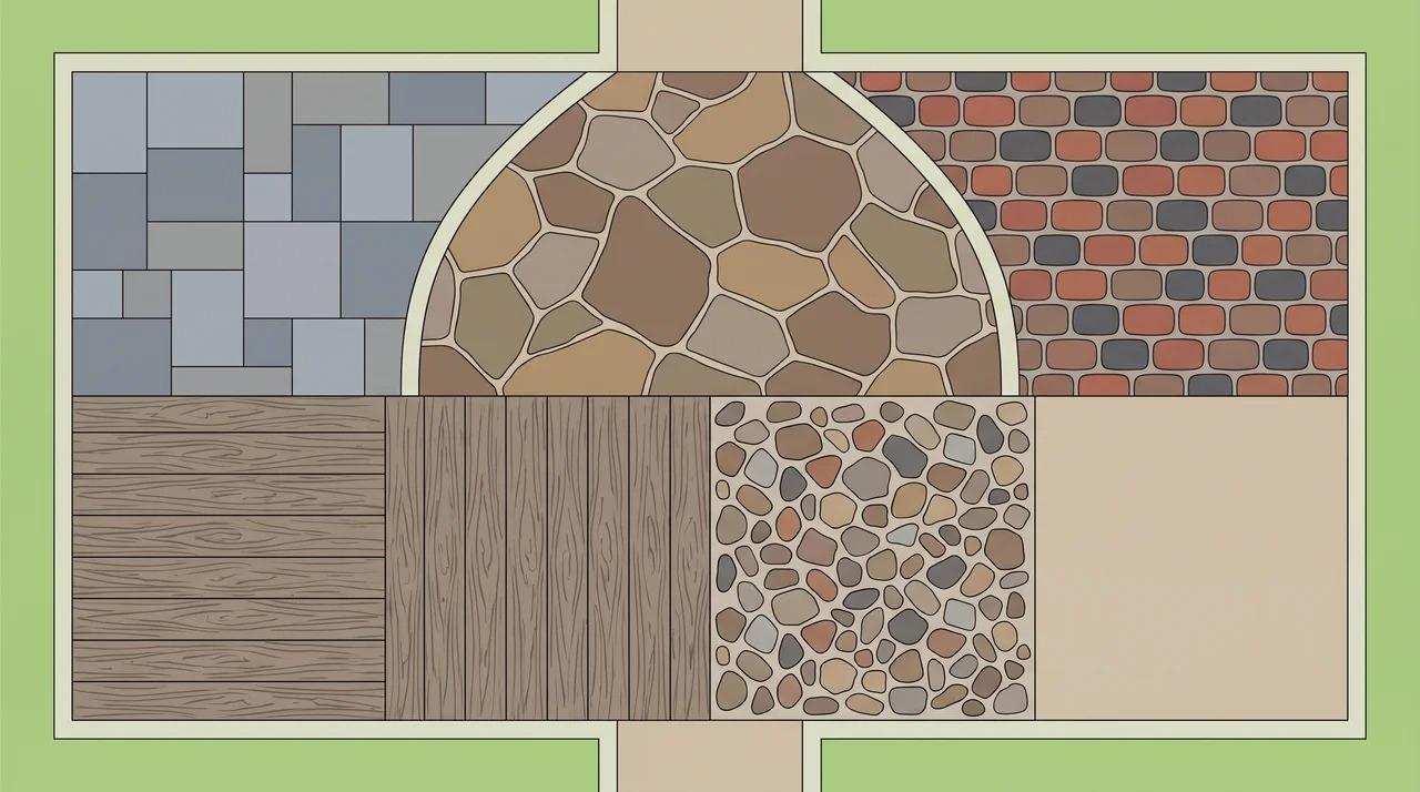 Stamped concrete patterns including ashlar slate, flagstone, cobblestone, wood plank, and random stone