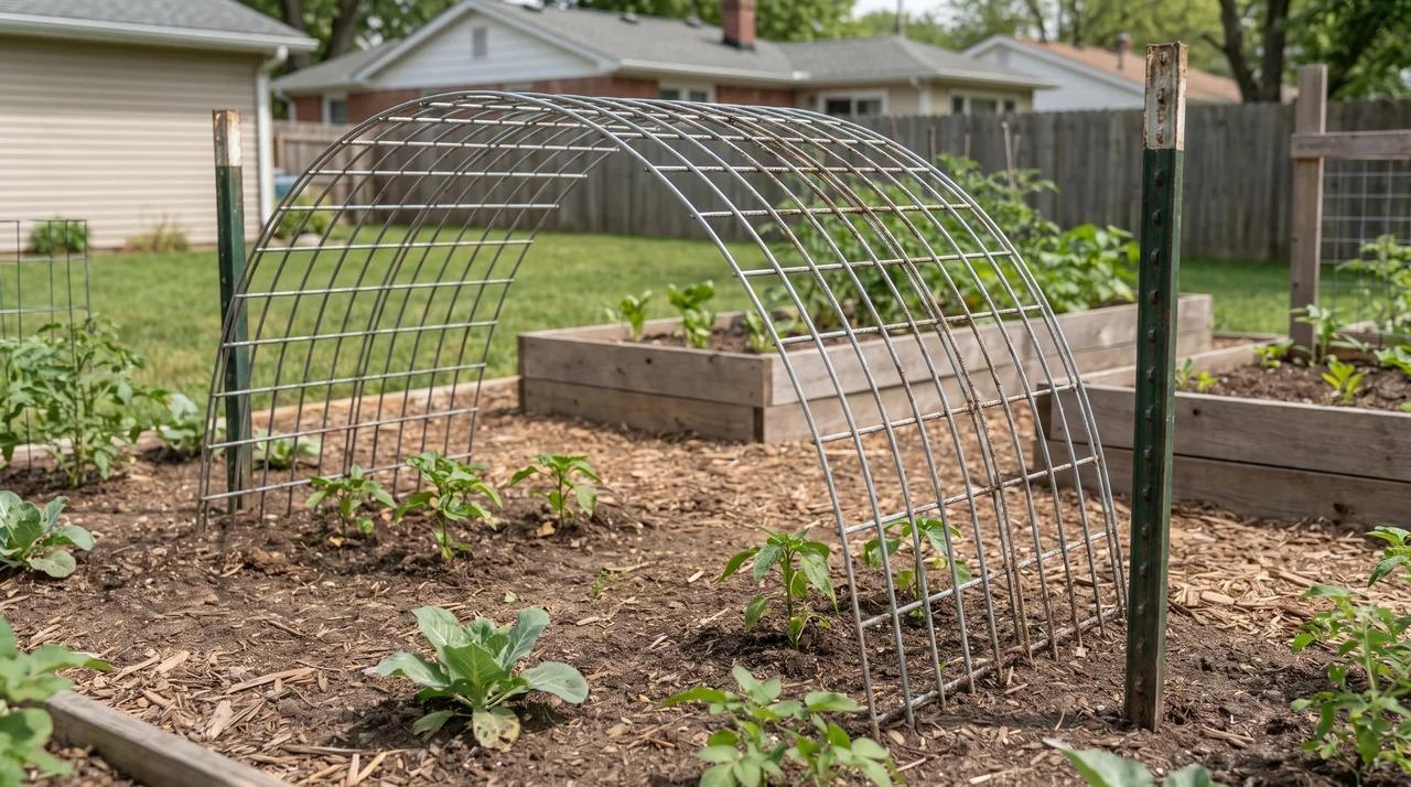 Galvanized cattle panel arch installed between two T-posts in a garden