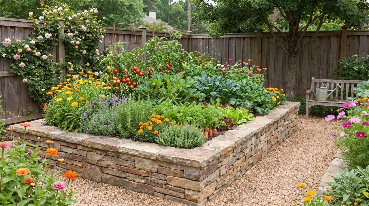 Natural stone raised garden bed filled with vegetables, herbs, and colorful flowers
