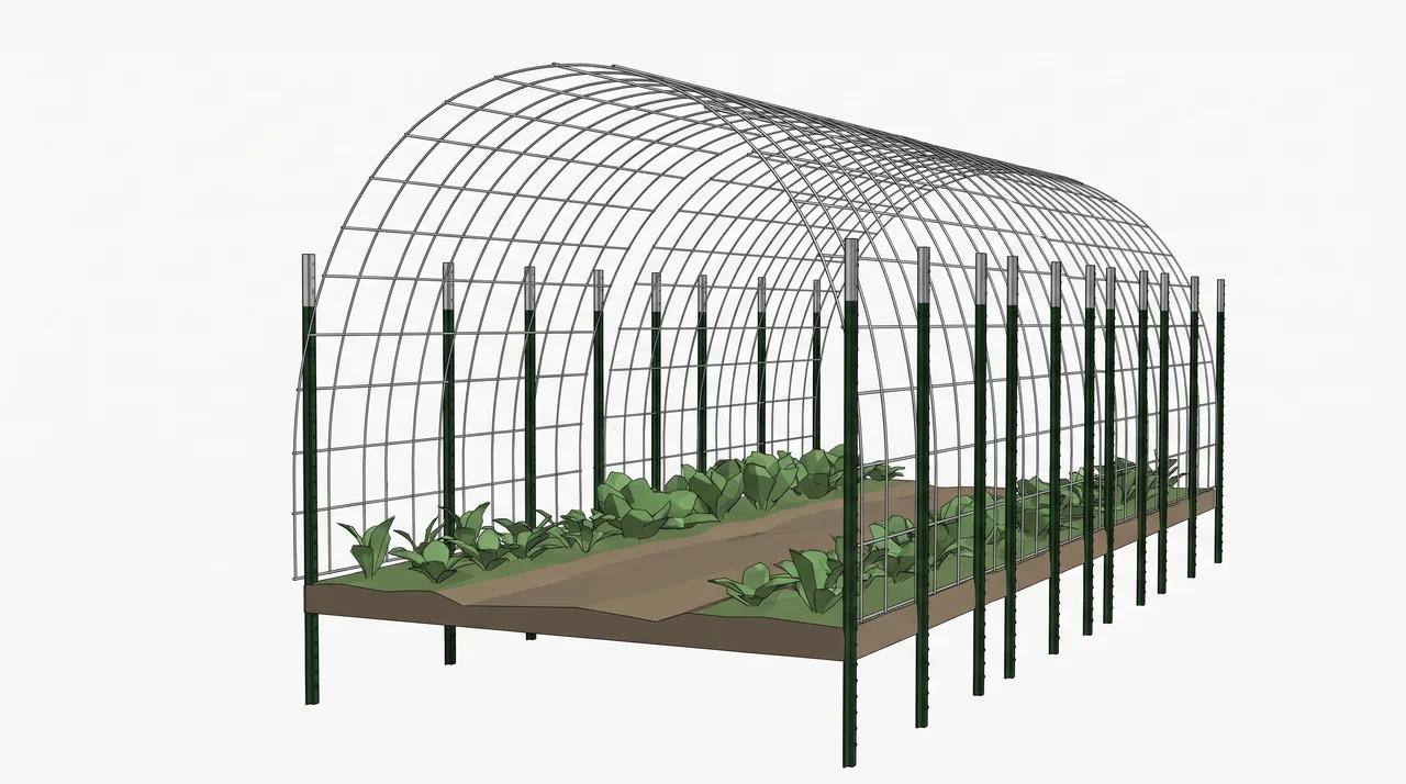 T-posts evenly spaced on opposite sides of a cattle panel garden arch