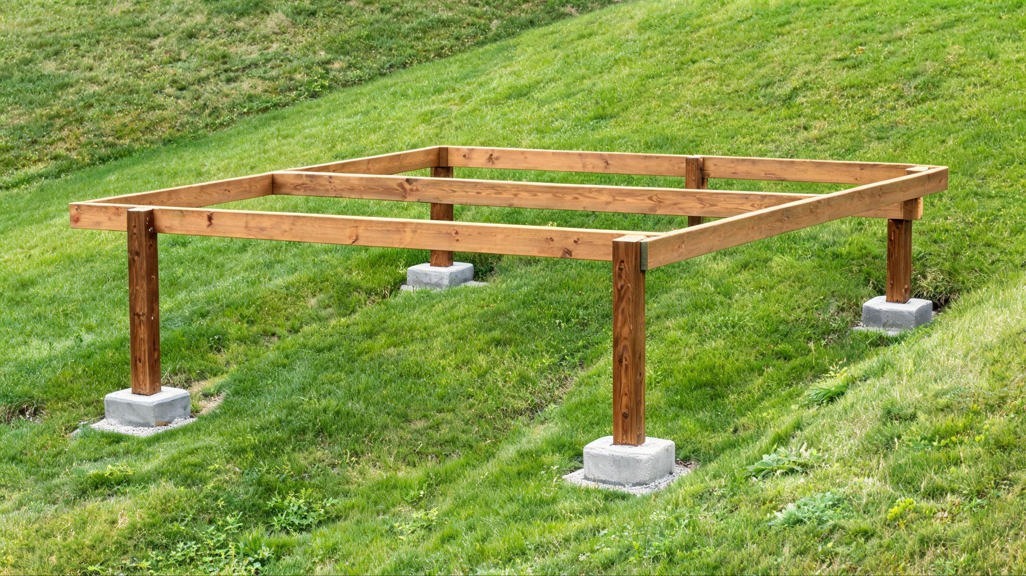 Timber shed frame supported by treated posts set in concrete footings on sloped ground