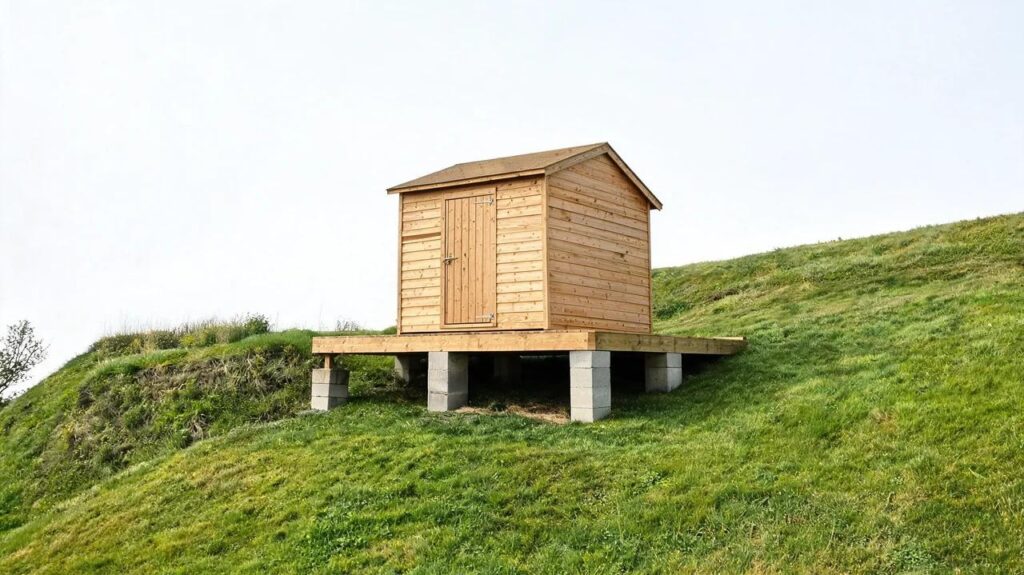 Shed on a level raised base built across uneven sloped ground
