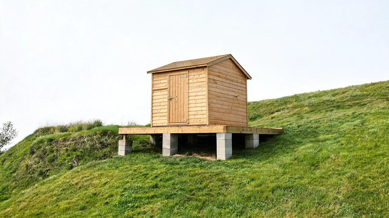 Shed on a level raised base built across uneven sloped ground