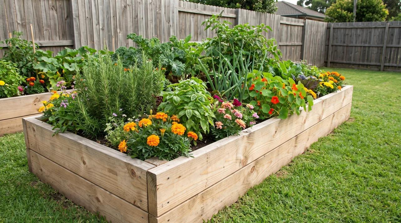 Untreated pine raised garden bed filled with vegetables, herbs, and colorful flowers