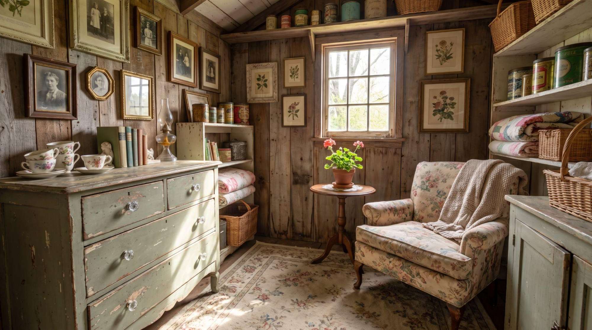 Vintage she shed with old furniture, antique frames, floral patterns, and dresser