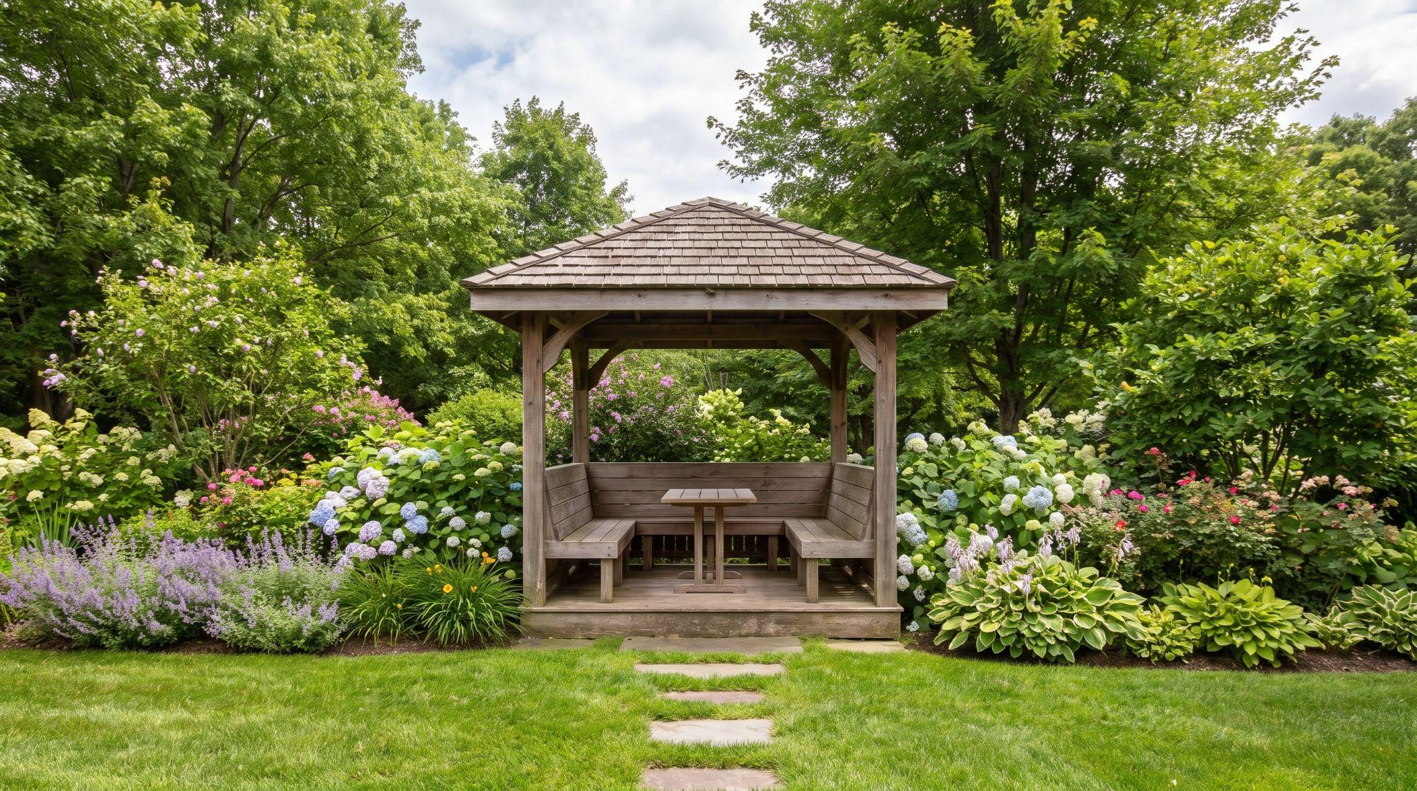 Wooden gazebo with outdoor seating in a landscaped backyard with flowers and trees