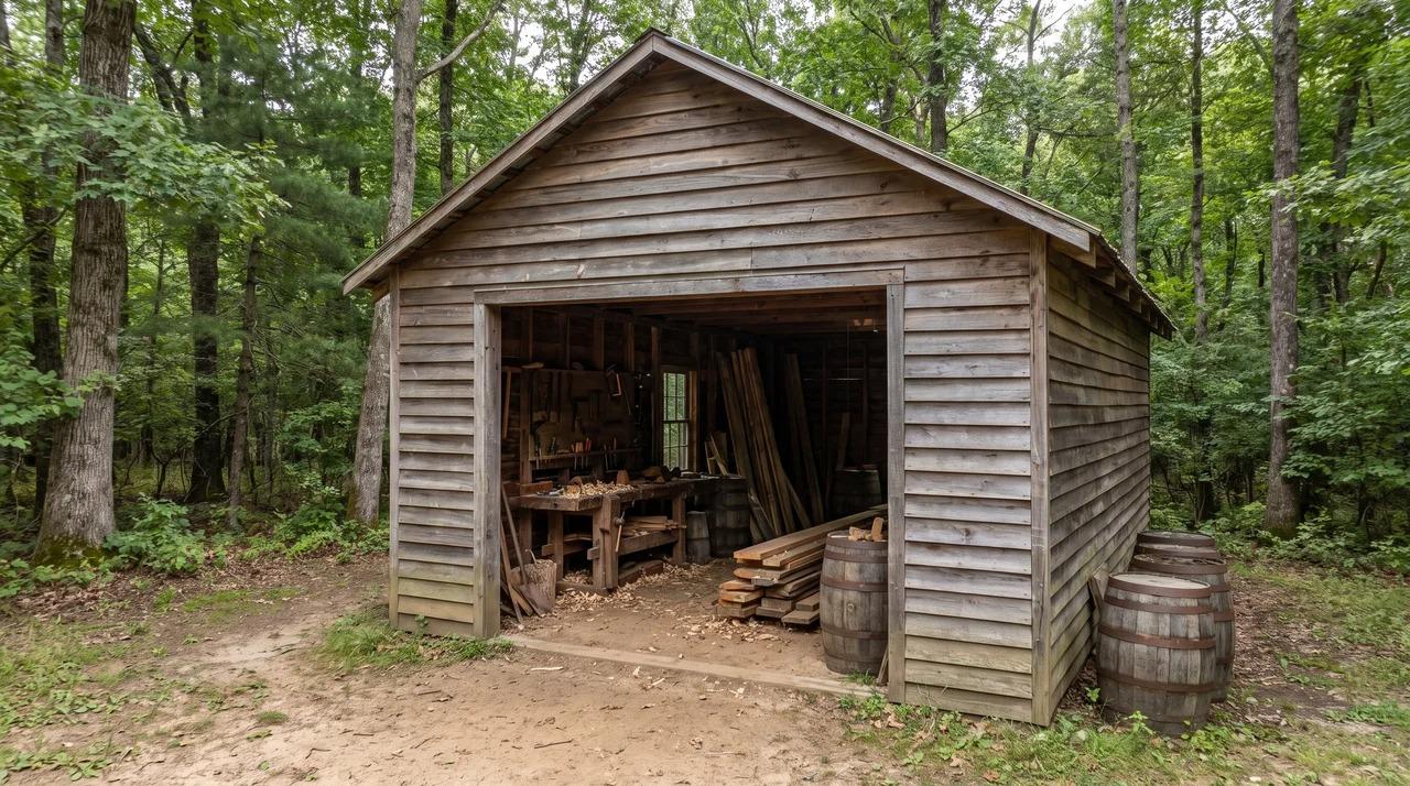 Woodworking shed interior with pegboard tools, wheelbarrow, mower, bike, and metal storage cabinet