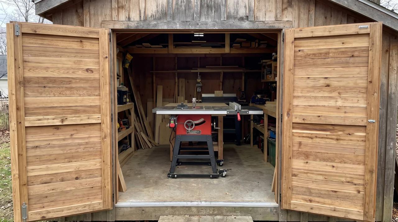 Wide double doors open on a cedar shed with a table saw inside