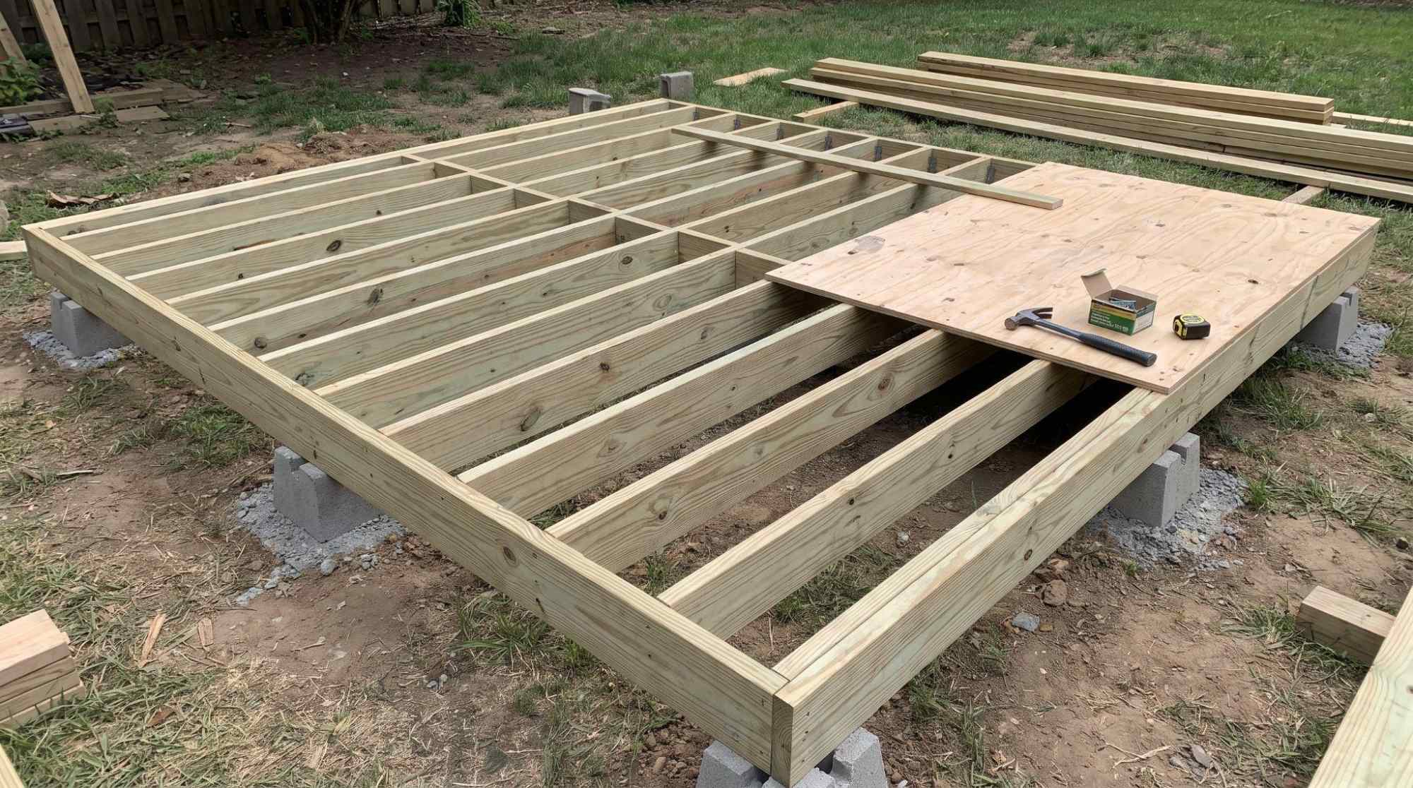 Wooden shed floor frame with closely spaced joists and partly laid plywood
