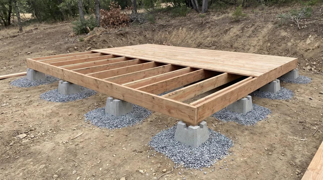 Concrete pier blocks with gravel pads supporting a wooden shed frame