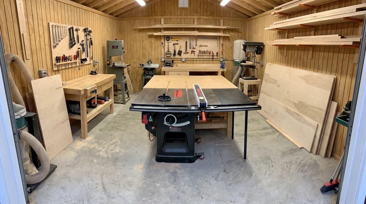Woodworking shed interior with centered table saw and clear work areas