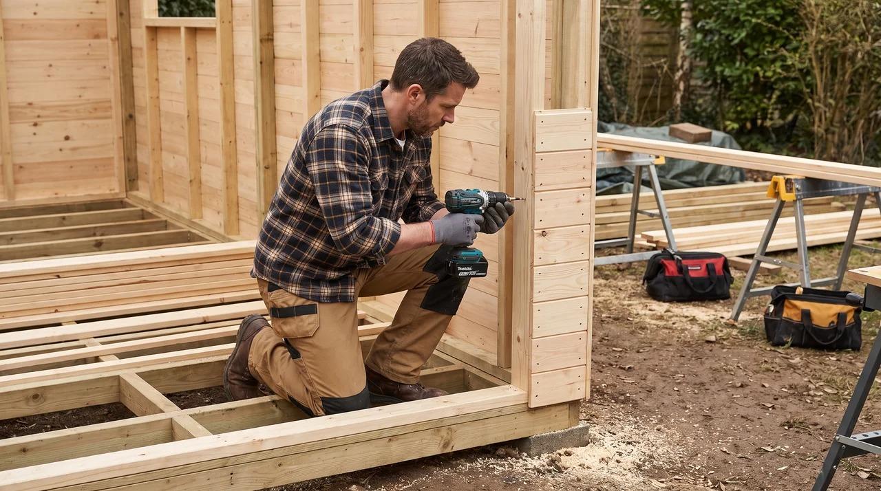 Man kneeling with drill, fixing wooden shed wall panels onto a raised timber floor
